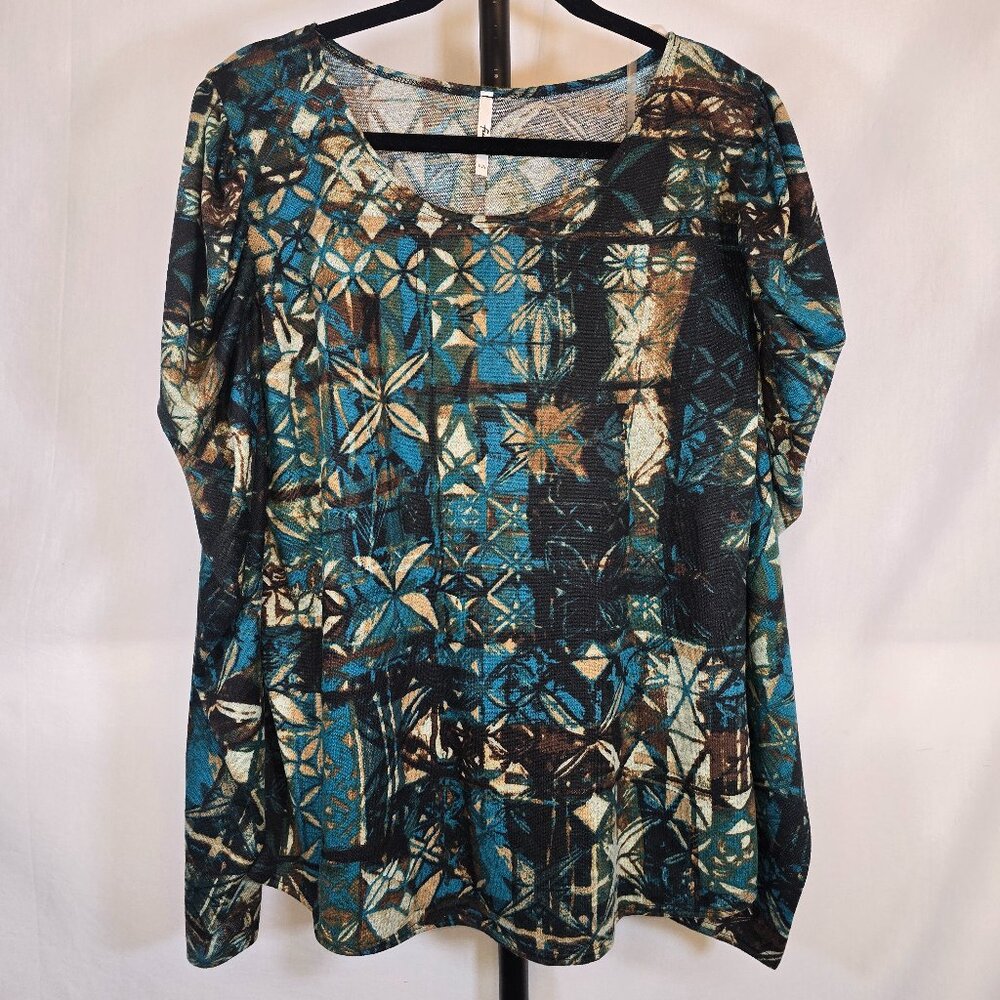 Plus Blue & Green Floral Art Puffed Long Sleeve Blouse